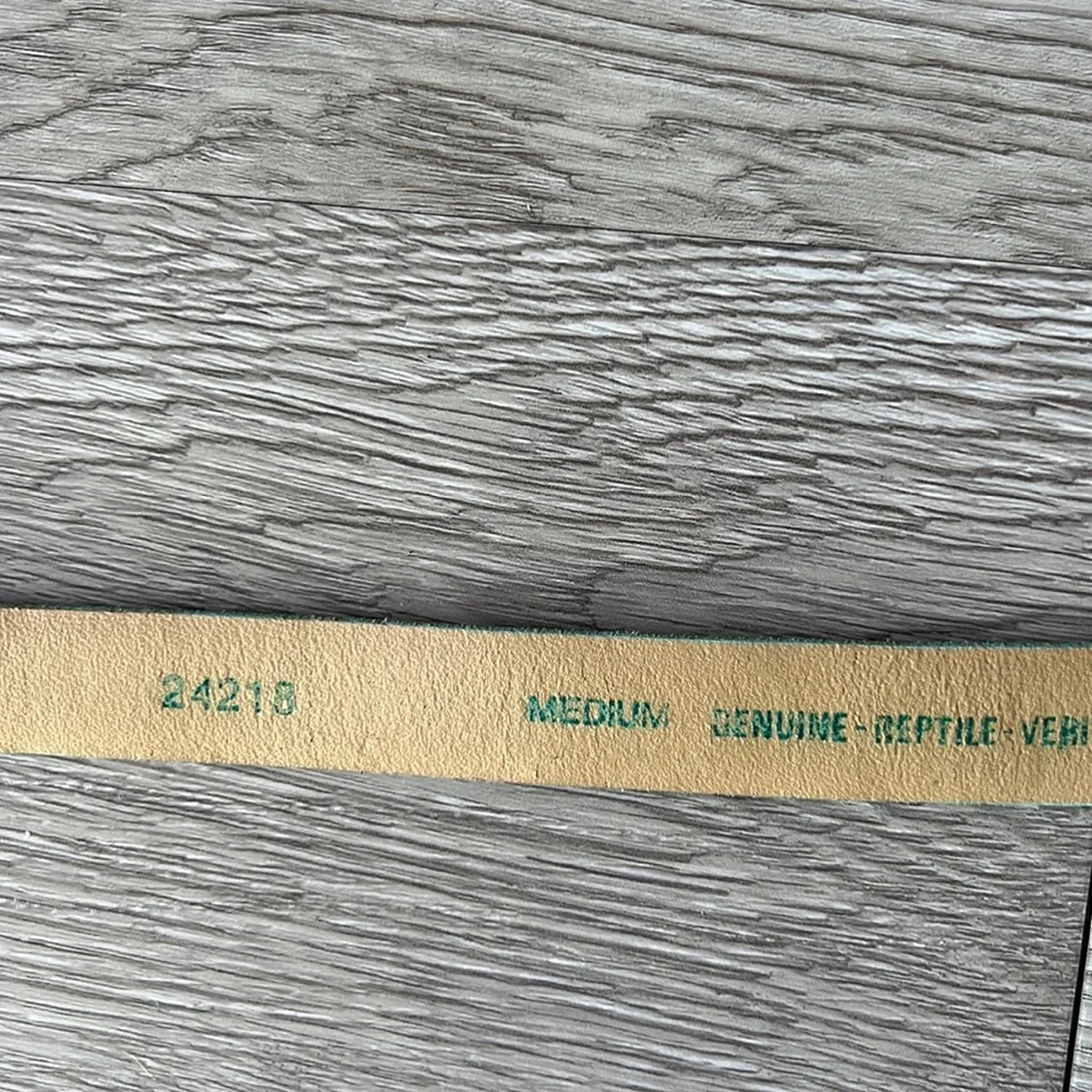 VTG 80s Genuine Reptile Skin Belt Emerald Aqua Green Brass Buckle Canada Size M